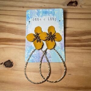 Ella & Elly Yellow Metal Flower Earrings with Dangling Hoops